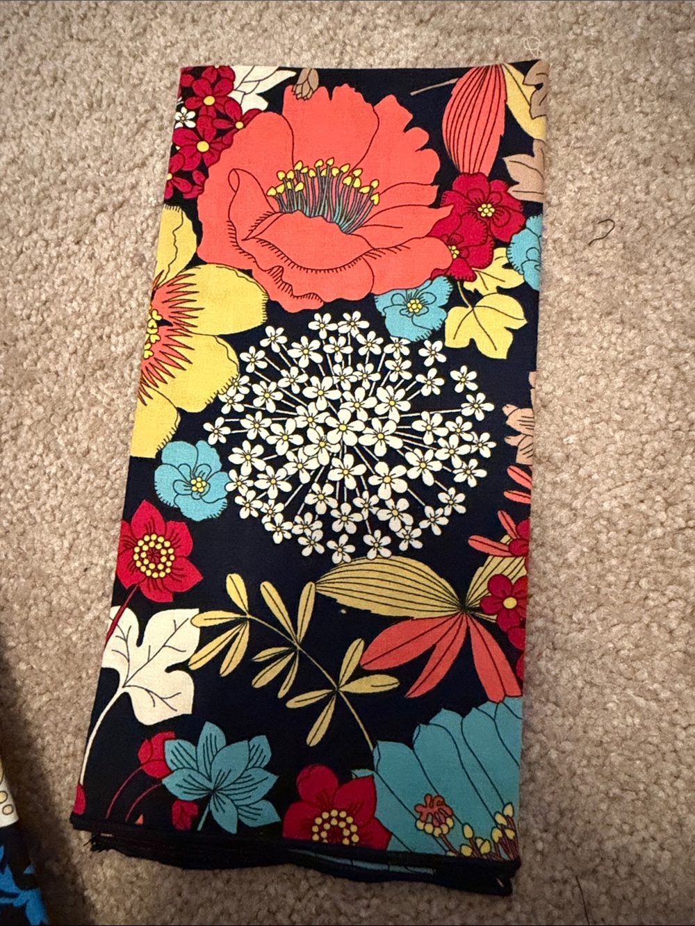 Vera Bradley Navy Floral Print Fabric Panel with Red, Yellow, Aqua Flowers